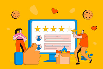 Fototapete - Feedback page web concept in flat 2d design. Clients leave comments with experiences, ratings and reviews. Customer satisfaction and service quality evaluation. Vector illustration with people scene