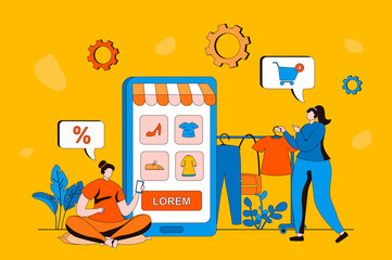 Fototapete - Mobile commerce web concept in flat 2d design. Women choose clothes and other goods in mobile application. Buyers make profitable purchases and pay online. Vector illustration with people scene