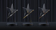 Glass award trophy set. Star shape transparent prize template. Winner first place concept. Vector illustration.