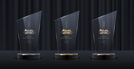 glass award trophy set. transparent prize template with golden palm branch. winner first place conce