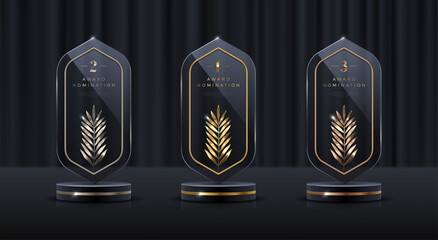 Glass award trophy set. Transparent prize template with golden palm branch. Winner first place concept. Vector illustration.