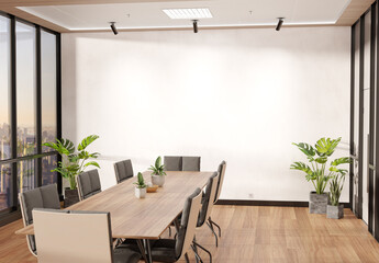 Wall Mural - Blank wall Mockup in bright wooden office with windows and sun passing through. Empty company meeting room 3D rendering