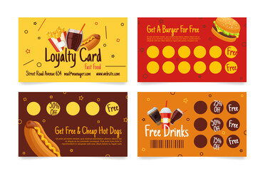 Wall Mural - Collection fast food and drinks loyalty card collect sticker stamp for free vector illustration