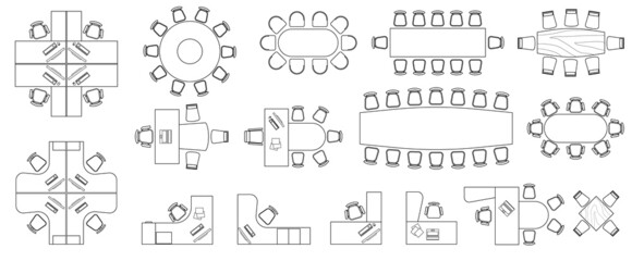 Office Furniture elements top view vector set. Kit for plan of office, house, apartment, workspace. Collection of Interior icon. Table, chair, sofa, plant. Symbol for interior design, project