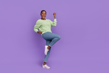 Wall Mural - Full length photo of cheerful astonished lady celebrate her victory win money in lottery isolated on purple color background