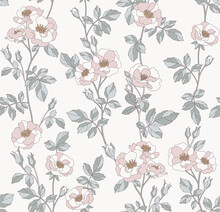 Floral Seamless Pattern For Textile, Wrapping Paper And Wallpaper. Leaves And Flowers In The Style Of The 60s. Vintage Botanical Illustration. Vector Background.