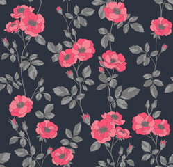 Floral seamless pattern for textile, wrapping paper and wallpaper. Leaves and flowers in the style of the 60s. Vintage botanical illustration. Vector background.