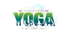 Yoga Greeting Card. International Yoga Day. Yoga Body Posture With Text. Group Of People Practicing Yoga.