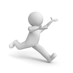 Minimal 3d white man running and presenting isolated over white background with shadow 3D rendering