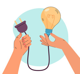 Person holding lightbulb with wire. Female hand with lightbulb symbolizing idea. Thinking, idea concept for banner, website design or landing web page