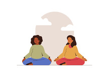 Two Pregnant Women Meditating Near The Window For Saving Mental Health. Young Mothers Relaxing Together In Lotus Posture. Balance, Harmony And Mindfulness Concept. Vector Illustration