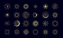 Set Of Sun Burst Linear And Silhouette Style. Mystic Esoteric Magic Elements Sun Moon. Vector Illustration. Spiritual Esoteric Magic Logo Or Talisman. Alchemy Tattoo Object