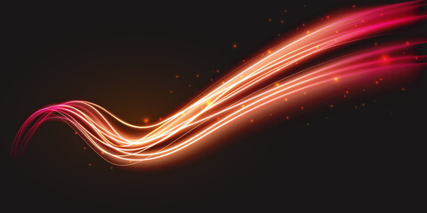 Wall Mural - Luminous neon shape wave, abstract light effect vector illustration. Wavy glowing bright flowing curve lines, magic glow energy stream motion with particle isolated on dark black background