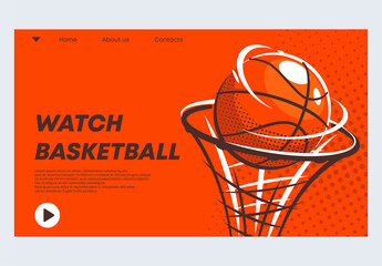 Wall Mural - vector illustration of a banner template for the website of an online basketball video service, a basketball ball flies into a ring on an orange background