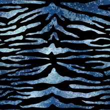 Blue Tiger Seamless Pattern, Foil Background. Vector Blue Glitter Wild Animal Skin Texture, Shiny Metallic Stripes On Black Background. Abstract Jungle Luxury Print, Safari Wallpapers.