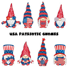 4th Of July Patriotic American Gnomes Collection. Vector Illustration. 