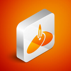 Sticker - Isometric Indian headgear turban with feather icon isolated on orange background. Silver square button. Vector