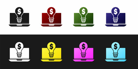 Poster - Set Business light bulb with dollar on laptop screen icon isolated on black and white background. User touch screen. Vector