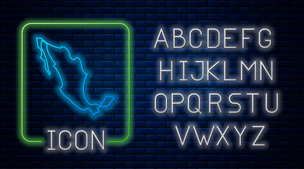 Poster - Glowing neon Map of mexican icon isolated on brick wall background. Neon light alphabet. Vector