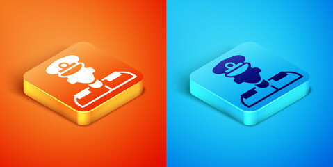 Wall Mural - Isometric Pilot icon isolated on orange and blue background. Vector