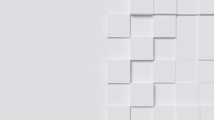 Abstract white cubes geometric structure background with copy space. Square shapes texture for technology, digital, hi-tech concept backdrop. 3D rendering