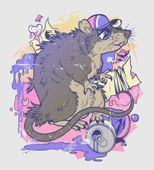 Rat in baseball cap with dark glasses on the abstract background. Can be use as T shirt print. Vector illustration.