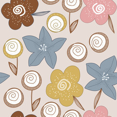 Wall Mural - Seamless pattern with big fantasy flowers. Cute summer print. Vector hand drawn illustration.