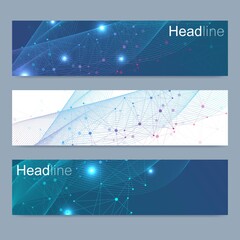 Wall Mural - scientific set of modern vector banners. dna molecule structure with connected lines and dots. scien