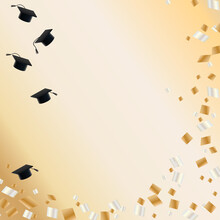 Graduation Background With Caps Tossed In Air And Silver And Gold Confetti On Light Gold Metallic Backdrop With Copy Space