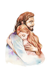 Watercolor illustration. Jesus and little girl,  child on white background. For cards, Easter, christening