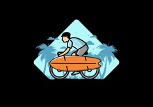 Ride A Bike With A Surf Board Illustration