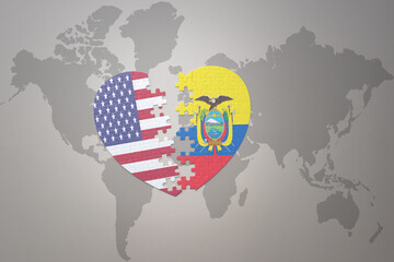 puzzle heart with the national flag of united states of america and ecuador on a world map background. Concept.