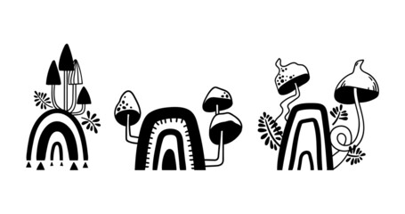 Wall Mural - mystical boho mushroom and rainbow isolated clip art bundle, magic hand drawn line celestial mushroo