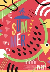 Wall Mural - Playful and colorful summer beach party card invitation design with abstract shape of watermelon and various design elements and geometric shapes. Summer party vector poster template.