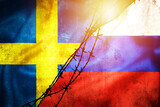 Grunge flags of Russian Federation and Sweden divided by barb wire sun haze illustration