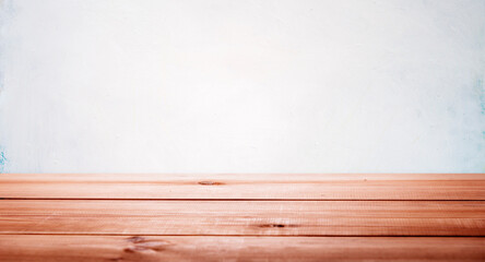 Poster - Wood table and white empty wall in home interior for product placement stand. Floor desk display mockup. Room shelf, kitchen board counter background.