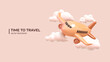 Airplane flying in clouds for travel or summer journey. Realistic 3d design of Travel concept in cartoon minimal style. Vector illustration