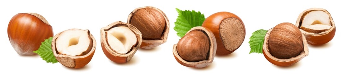 Wall Mural - Hazelnut set isolated on white background. Nuts with leaves in nutshell.