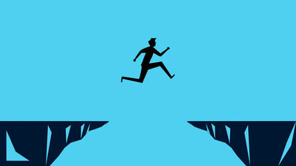 Silhouette of a man jumping over a cliff gap. business concept vector illustration