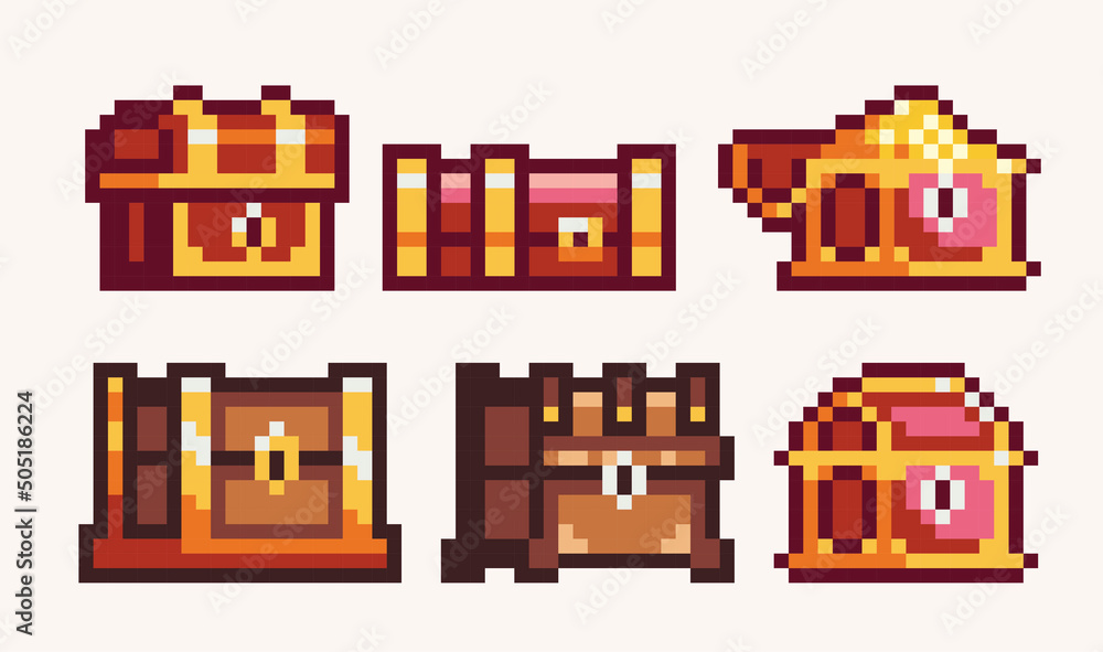 Wooden and golden chest pixel art set. Treasure box collection. 8