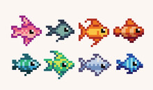 Tropical, Exotic Fishes Pixel Art Set. Different Underwater Colorful Creatures Collection. 8 Bit Sprite. Game Development, Mobile App.  Isolated Vector Illustration.