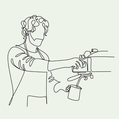 Canvas Print - Continue line of barista pouring milk to coffee. Line art drawing of staff coffee vector illustration. Minimalist 