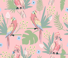 Parrot Seamless Pattern With And Palm Leaf. Cute Background For Girls, Baby Or Kids