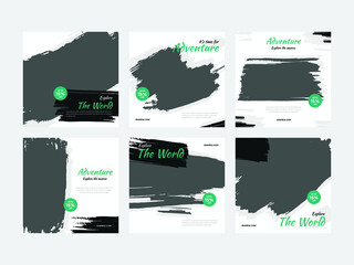 Set of Holiday Travel Adventure Square Banners designed for Flyers and Social Media Post Feeds, enhanced with creative brush strokes. These templates embody the spirit of adventure and travel.