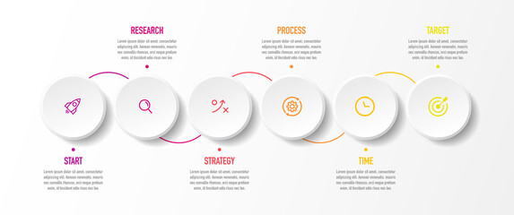 Poster - Timeline infographic design with 6 options or steps. Infographics for business concept. Can be used for presentations workflow layout, banner, process, diagram, flow chart, info graph, annual report.