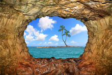 Coconut Tree Grows On A Lonely Little Island In The Ocean. View Through A Rocky Window. Tropical Ocean Scene