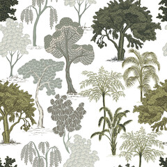 Canvas Print - Park trees, banana tree summer floral seamless pattern. Exotic landscape wallpaper.