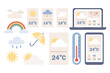 Weather forecast icon set. Web and mobile weather app. Daily temperature. Cloudy, rainy and sunny day concept. Symbols of sun, clouds, rainbow, rain. Vector flat illustration 