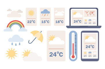 weather forecast icon set. web and mobile weather app. daily temperature. cloudy, rainy and sunny da