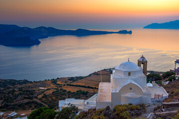 Wall Mural - Panagia Thalassitra church and Plaka village view at sunset, Milos island, Cyclades, Greece